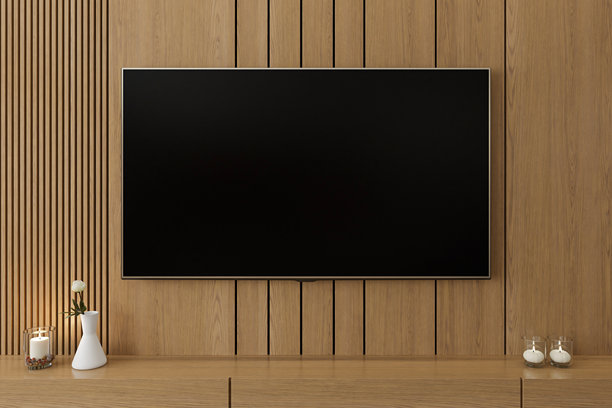 带松木墙板和壁挂电视的现代电视房图片下载