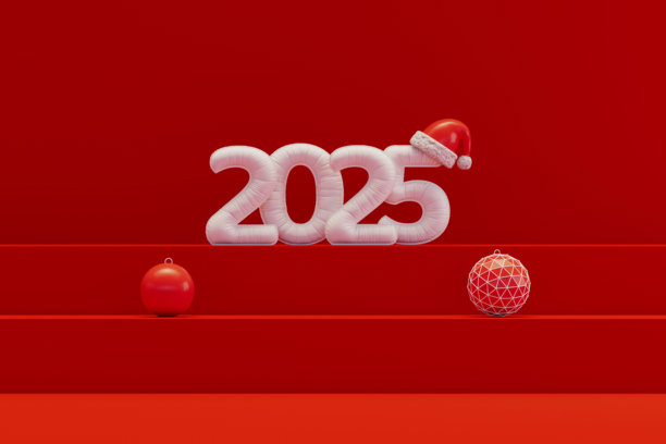 红色楼梯上有2025个新年气球，上面有圣诞帽和圣诞装饰品图片下载