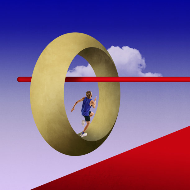 男运动员在超现实的金色景观中快速穿过大圆环，将运动能量与抽象的几何形状融合在一起。当代艺术拼贴。图片下载