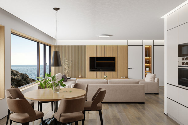 现代斯堪的纳维亚生活和用餐区，松木墙板和白色家具图片下载