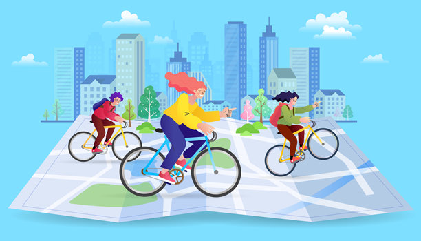 在大城市里骑自行车的人。女孩骑自行车。ifestyle户外。人们在公园里骑自行车。城市建筑全景图。图片下载