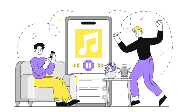 伙计们听音乐。男人们靠近带音频播放器的巨大智能手机。最喜欢的歌曲和播放列表。室内娱乐休闲。线性向量图解图片下载