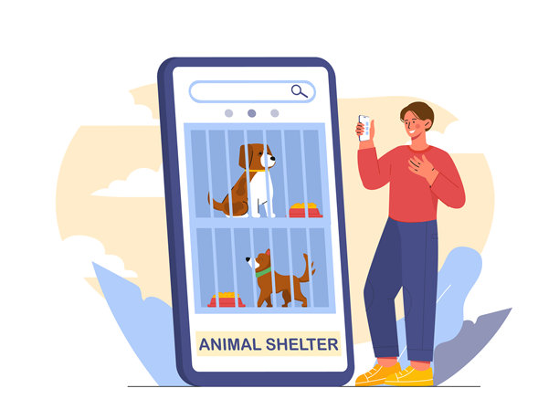 网上动物收容所。一名男子在巨大的智能手机旁，手机上有狗被关在笼子里吃东西的照片。慈善，慷慨和善良。志愿者帮助宠物适应环境。平面矢量图图片下载