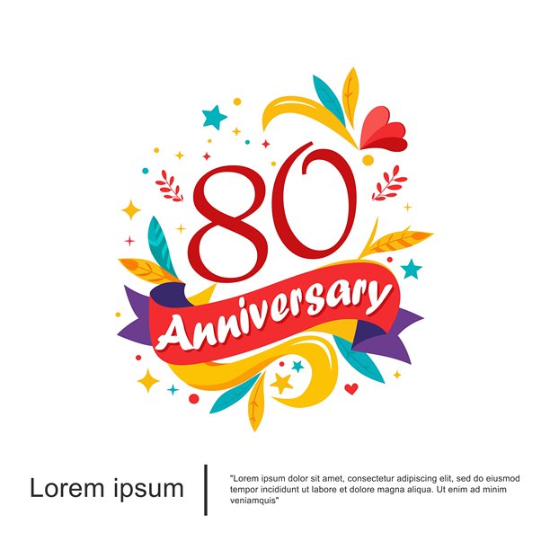 80周年庆典会徽标志与树叶、丝带和星星在白色背景上分离，色彩鲜艳，令人愉快。矢量插图模板设计的网页，传单，海报，问候图片下载