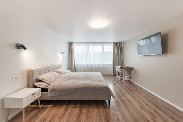 豪华的主卧内饰，现代的房子，漂亮的内饰，宽敞的卧室。墙上的电视机。特大号床，白色墙壁和天花板。硬木地板图片下载