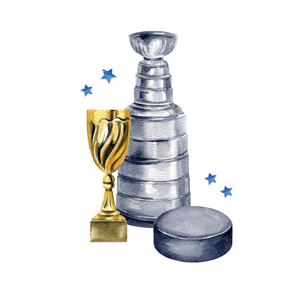 曲棍球比赛银杯和金杯奖，冰球与蓝色水彩明星，手绘水彩冰上运动主题插图，冰上团体运动冠军，游戏，体育博客图片下载