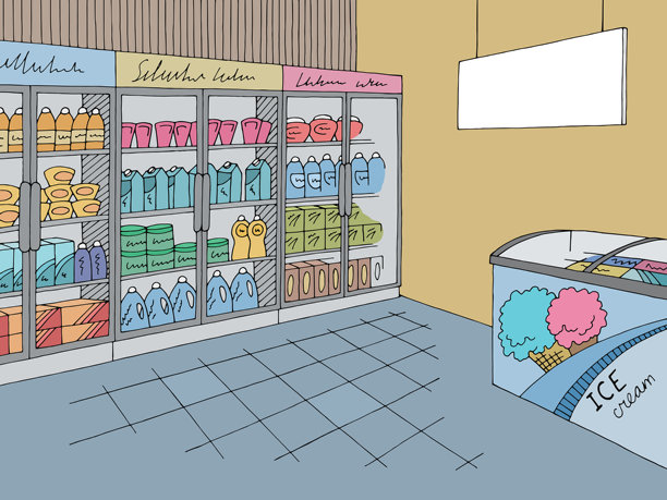 杂货店商店室内颜色图形素描插图矢量图片下载
