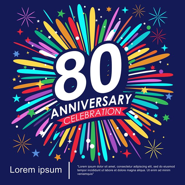 80周年校庆会徽。周年纪念标志与红色丝带和彩色烟花背景隔离。矢量插图模板设计的网页，传单，海报，问候和邀请卡图片下载