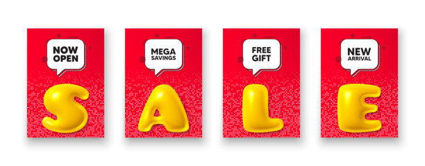 现在打开标签。宣传新的商业标志。海报模板与3d销售文本。向量图片下载