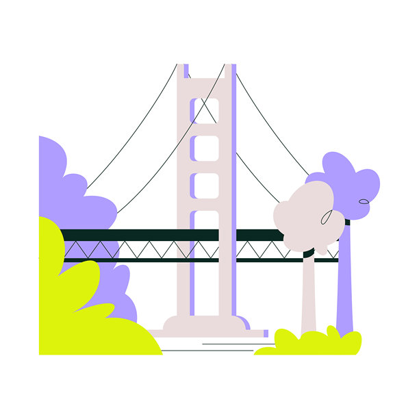 桥在城市公园设置与树木在平面矢量插图象征基础设施，交通，和城市地标，孤立的白色背景图片下载