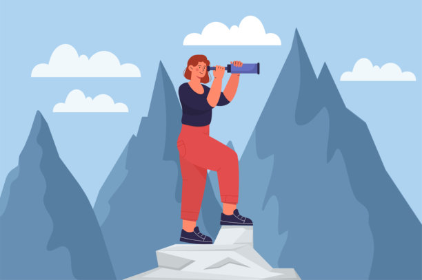 有远见的女人。小女孩站在山顶上用望远镜看东西。目标设定和规划，对未来的展望。女商人和企业家。平面矢量图图片下载