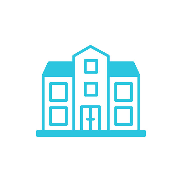 大楼，学校标志。孤立在白色背景上。从蓝色图标集。图片下载