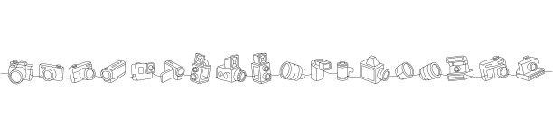 一套照相机一行连续绘制。外置闪光灯，带风箱的老式相机，带快门的照片镜头，即时和胶片相机。图片下载