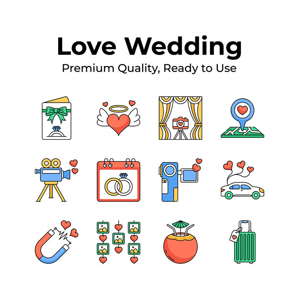 抓住这个创意精心制作的爱情和婚礼图标集图片下载