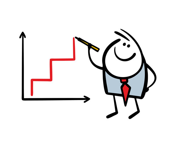 满意的商人把公司的成功做成报告，用记号画出利润图。矢量插图的增长曲线爬升，财务福利和稳定的收入。图片下载