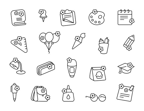 学校用品用芽儿。着色页面。教育培训的开始。手绘风格。矢量图。设计元素的集合。图片下载