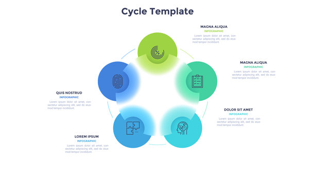 五个圆形彩色元素的圆形方案。有5个阶段的循环业务流程的概念。最小的信息图表设计模板。用于数据可视化的现代玻璃态矢量插图。图片下载