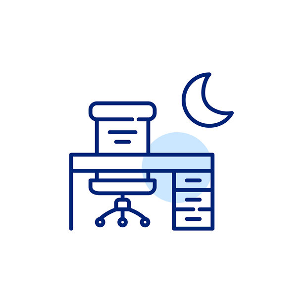 经理办公室桌椅有新月标志。深夜，加班。像素完美，可编辑的笔画图标图片下载