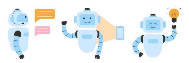 人工智能助手聊天机器人矢量素材，AI机器人提供创意和帮助服务。机器人技术帮助人类，可爱的机器人角色。矢量插图图片下载