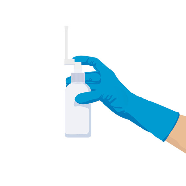 手持蓝色手套和医用喷雾瓶，隔离在白色背景上图片下载
