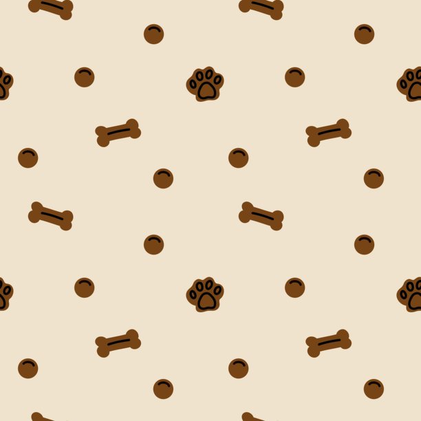 宠物动物配件无缝花纹。狗和猫的房子。笼子和床。食物弓，玩具。兽医店。狗和猫。纺织品包装、墙纸。织物印花。矢量卡通平面集图片下载