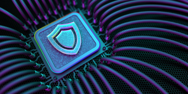 带有数字屏蔽的量子计算机芯片。互联网安全与隐私网络技术。加密和安全数据的概念图片下载