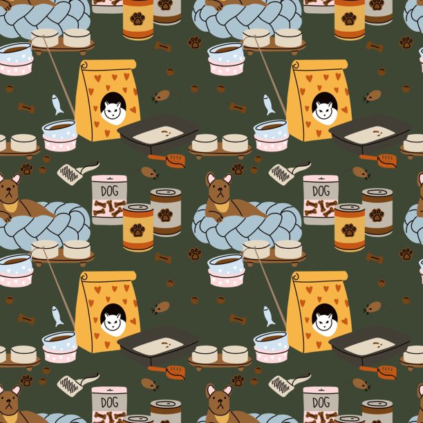 宠物动物配件无缝花纹。狗和猫的房子。笼子和床。食物弓，玩具。兽医店。狗和猫。纺织品包装、墙纸。织物印花。矢量卡通平面集图片下载