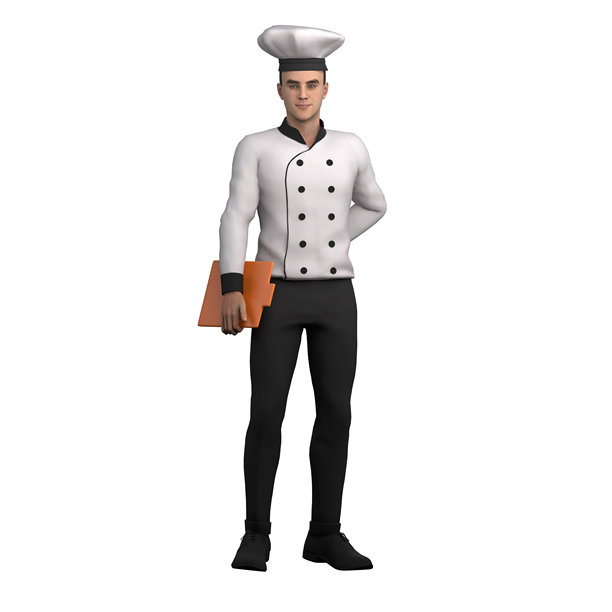 厨师的日常生活在3D。一位男厨师左手藏在身体后面，右手拿着菜单。男性的卡通图片下载