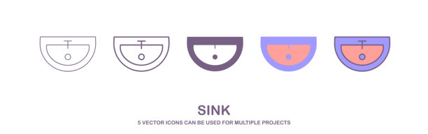 水槽图标。线条，实心和填充轮廓彩色版，轮廓和填充矢量标志。脸盆符号、标志说明。不同风格的图标。下沉线图标设计矢量模板。图片下载