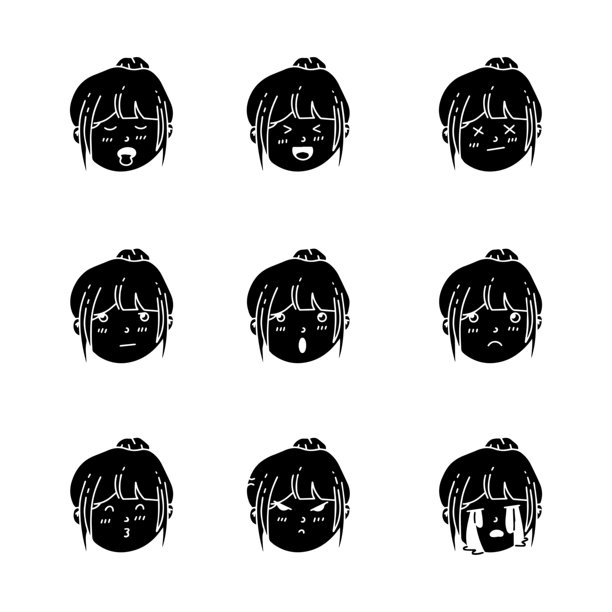 可爱的女孩脸坚实的图标集合。字形手绘风格。孤立的插图图片下载