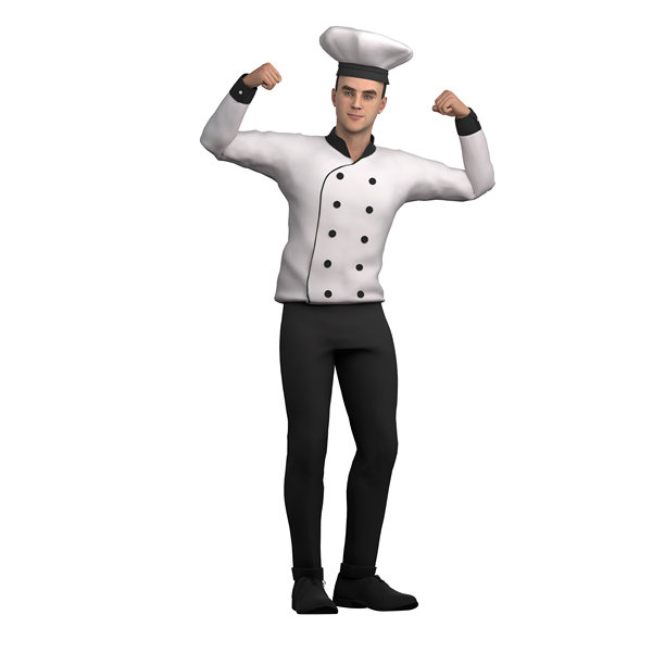 3D男厨师角色。一名男厨师举起双臂，展示自己的肌肉。烹饪专业图片下载