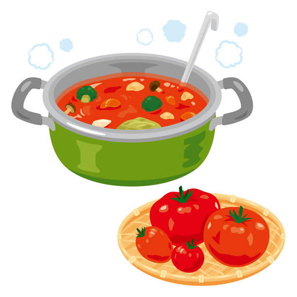 番茄汤在锅里，番茄在竹制滤锅里图片下载