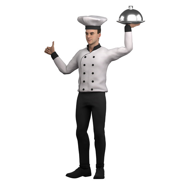 3D男厨师角色。一位男厨师站在那里，左手拿着银色的厨师餐盘，右手竖起大拇指。烹饪卡通图片下载