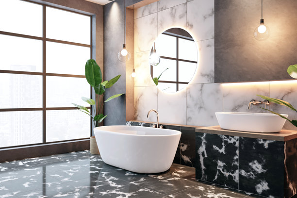 现代豪华浴室，大理石瓷砖和城市景观。三维渲染图片下载