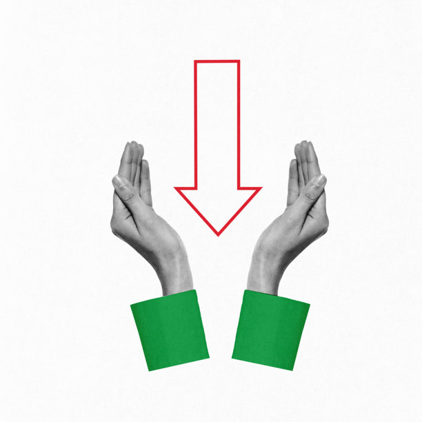 当代艺术拼贴。减压。两只手轻轻地引导向下的箭头，象征减少压力，放下负担。图片下载