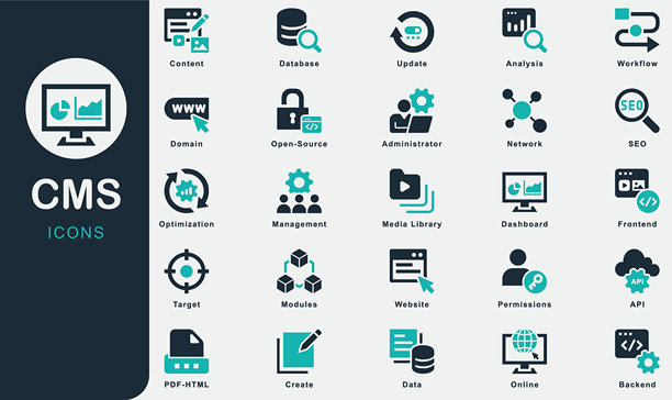 CMS实体图标。包含图标。内容管理系统，网站，管理员，开源，目标，营销，领域，内容，网络，分析，数据，优化，管理，更新，SEO, API图片下载