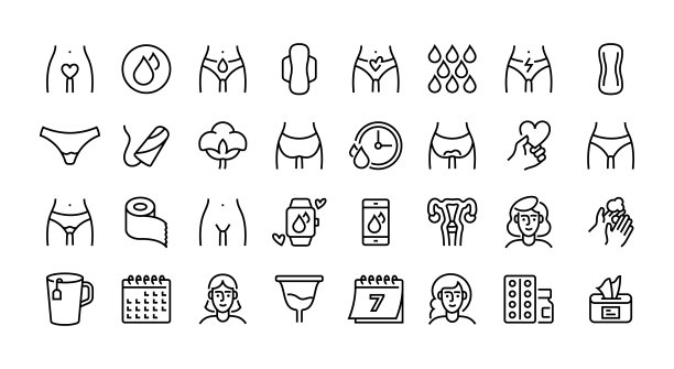 月经线图标集。组物，血液，激素，月经，卫生巾，排卵。图片下载