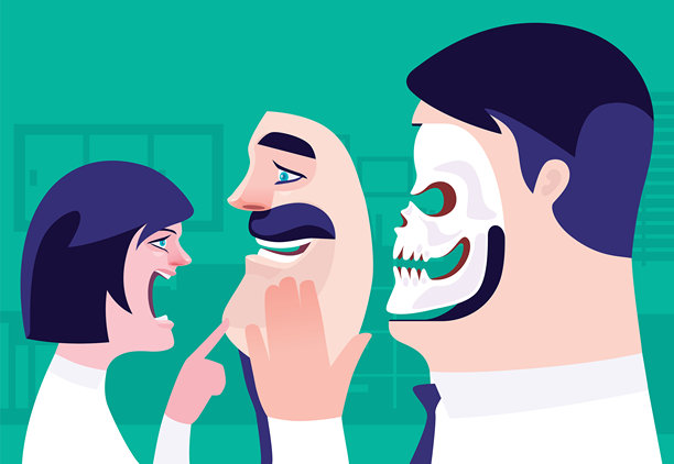 骷髅和商人面带微笑，面对愤怒的女人图片下载