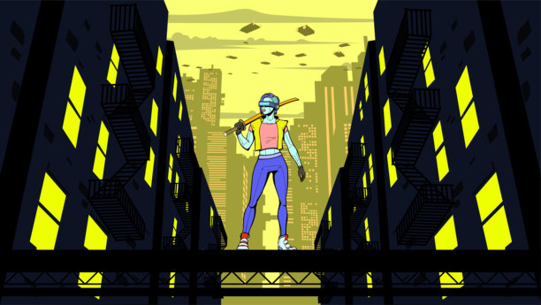 矢量赛博朋克武士女孩在未来的城市肖像股票插图图片下载