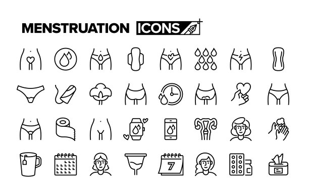 月经线图标集。组物，血液，激素，月经，卫生巾，排卵。图片下载