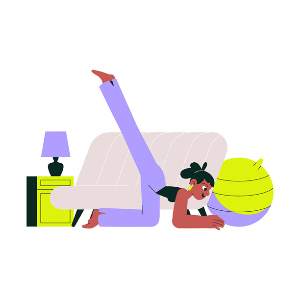 女性伸展锻炼与健身球在地板上，孤立的平面矢量插图象征灵活性，家庭健身，和健康的生活方式图片下载