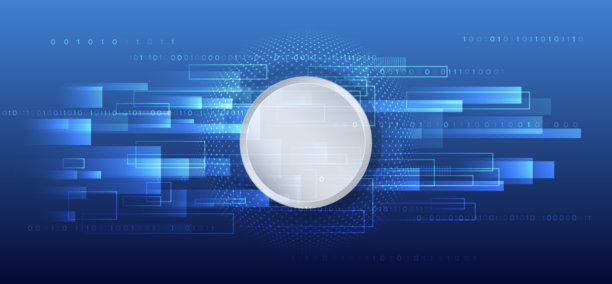 抽象技术交流，矢量插画。未来主义的展示设计。高科技计算机数字技术概念。宽蓝色背景与各种技术元素。图片下载