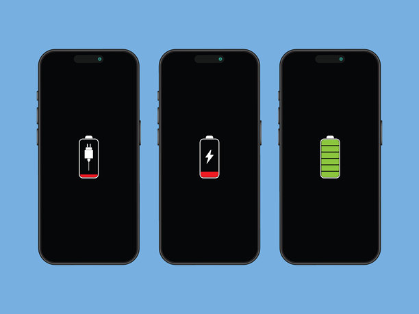 三款智能手机具有能量图标:低电池，充电和完全充电矢量插图在平面设计图片下载