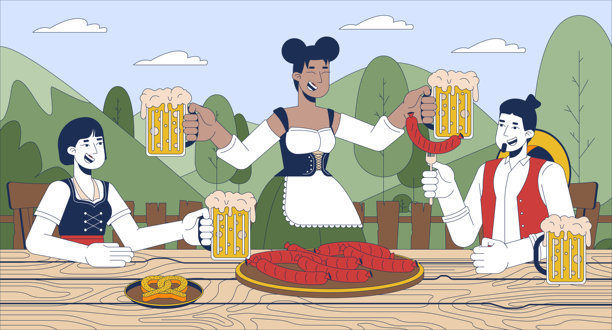 客人享受啤酒在慕尼黑啤酒节平面插图图片下载