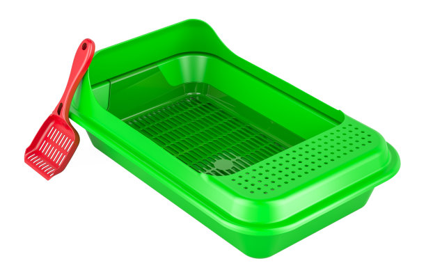 绿色猫砂盘和红色猫砂勺。三维渲染图片下载