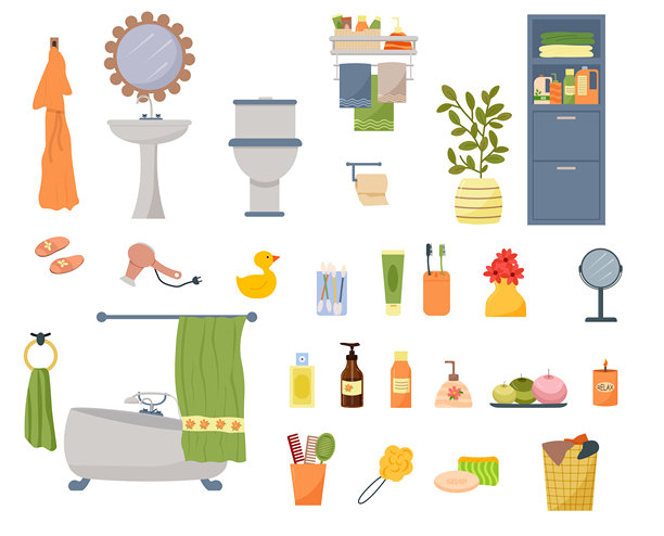 浴室。一组内部物品。长袍和毛巾。带镜子和马桶的水池。橱柜与化妆品。图片下载