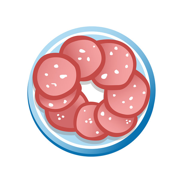 切好的香肠放在蓝白相间的盘子里。矢量颜色图标隔离在白色背景。盘子里有葡萄酒或啤酒的小吃图片下载