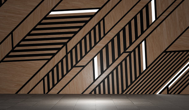 用木条墙装饰的空房间，隐藏着天花板上温暖的白色灯光，现代的地板和墙壁场景。现代的房间，极简的空间与木板条墙和墙壁。3 d演示。图片下载