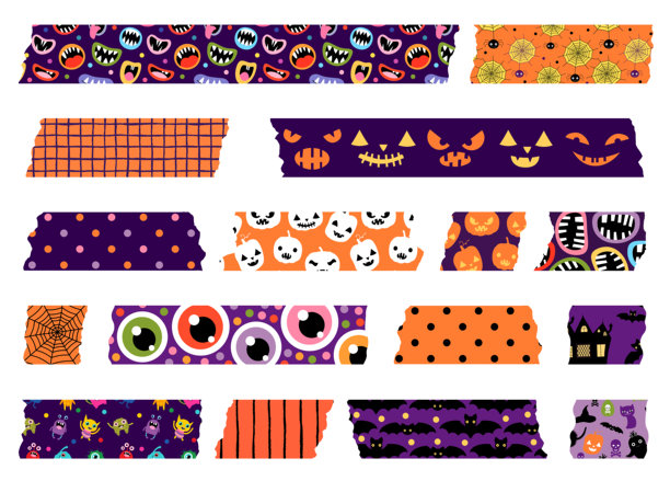 橙色，黑色和紫色的万圣节矢量纸带南瓜，蜘蛛，怪物和蝙蝠，可爱的撕裂图案条纹图片下载