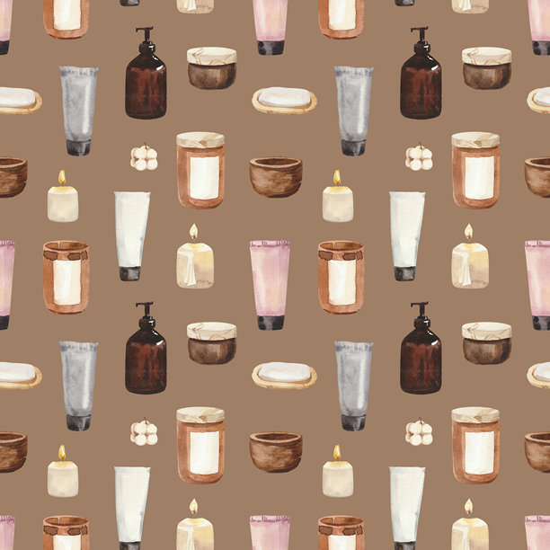 水彩手绘家庭水疗浴室装饰插图。肥皂、罐子、毛巾、化妆品。图片下载